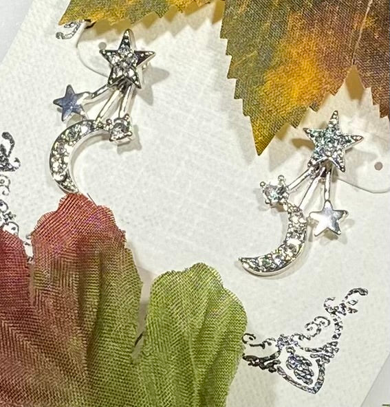 Star & Crescent Moon Shooting Star Dangle Earrings (Silver-Tone, CZ)