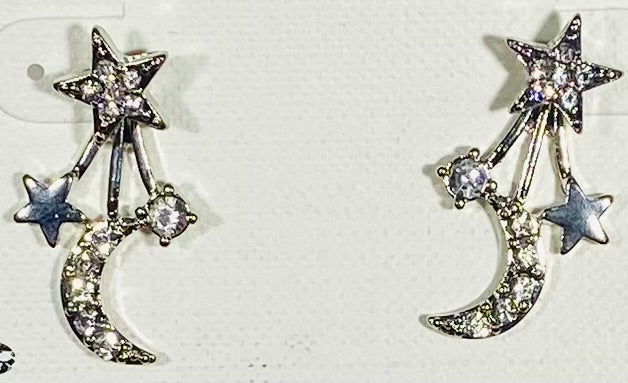 Star & Crescent Moon Shooting Star Dangle Earrings (Silver-Tone, CZ)