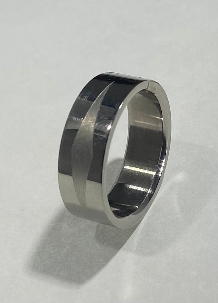 Madison Collections Stainless Steel Band Ring with Elongated Geometric Diamond Engraving