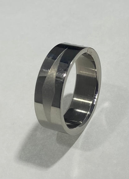 Madison Collections Stainless Steel Band Ring with Elongated Geometric Diamond Engraving