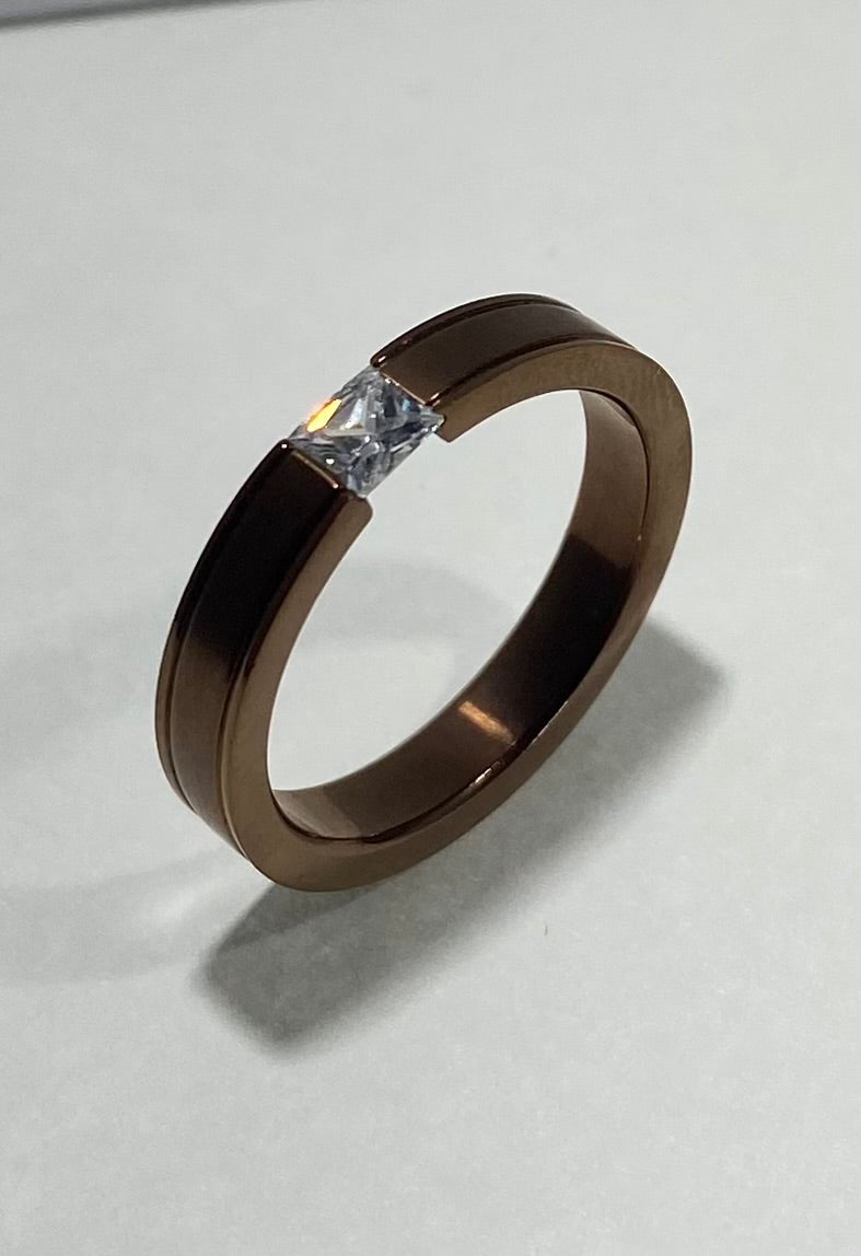 Madison Collections Copper-Tone Solitaire Stainless Steel Ring with Square Crystal