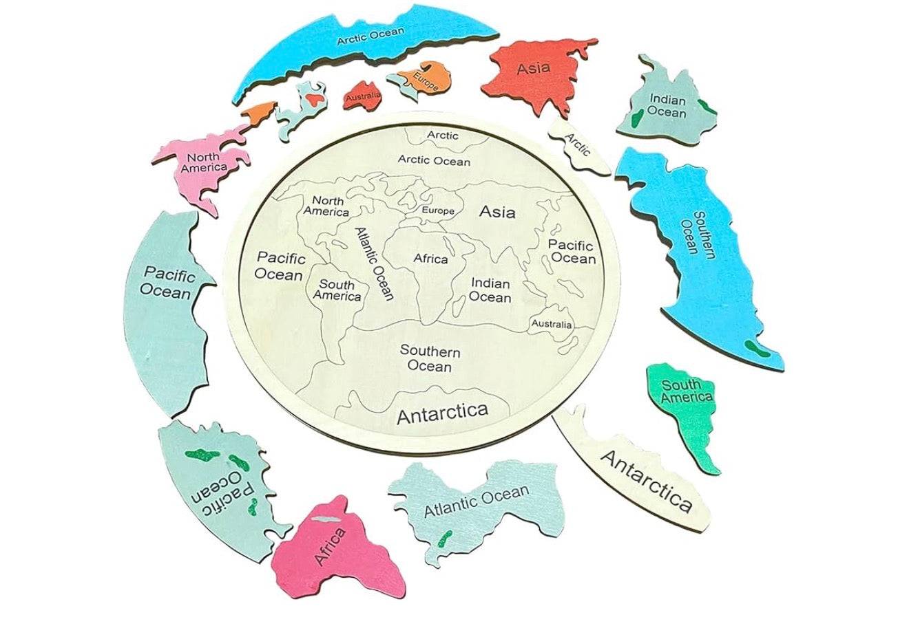 Montessori Wooden World Map Puzzle | Interactive Continents &amp; Oceans Toy for Kids 4-8