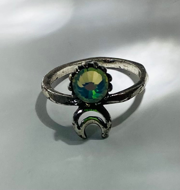 Celestial Crescent Moon &amp; Opaline Starburst Stacking Ring