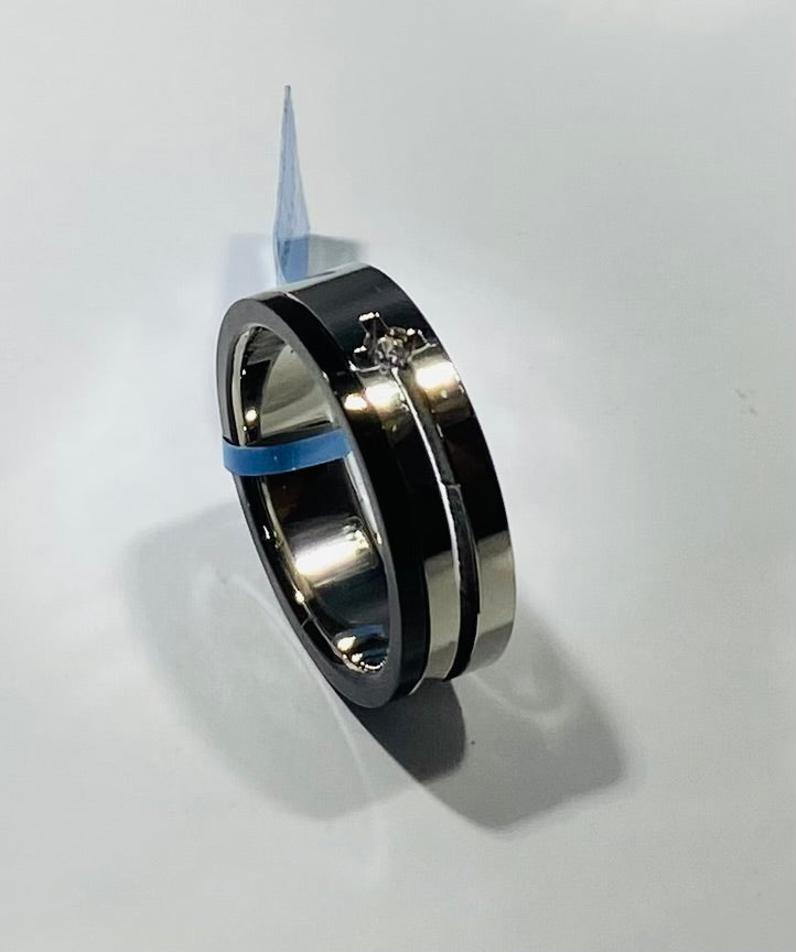 Stainless Steel Open-Channel Band Ring with 2pt Diamond Accent