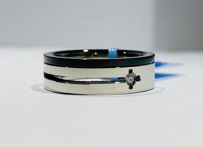 Stainless Steel Open-Channel Band Ring with 2pt Diamond Accent