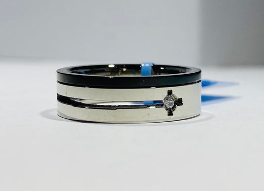 Stainless Steel Open-Channel Band Ring with 2pt Diamond Accent