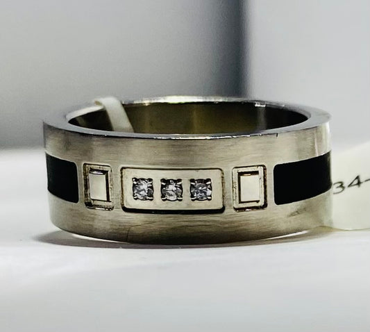 Men's Stainless Steel 3-Diamond Wedding Band with Black Inlay