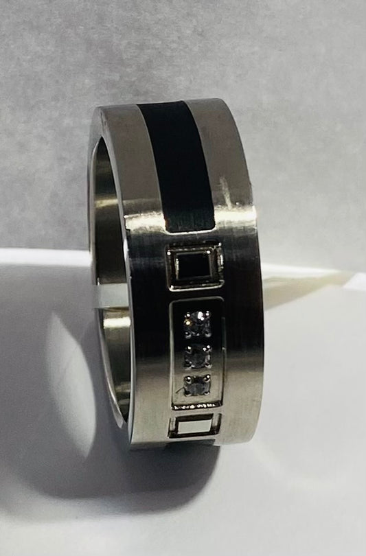 Men's Stainless Steel 3-Diamond Wedding Band with Black Inlay