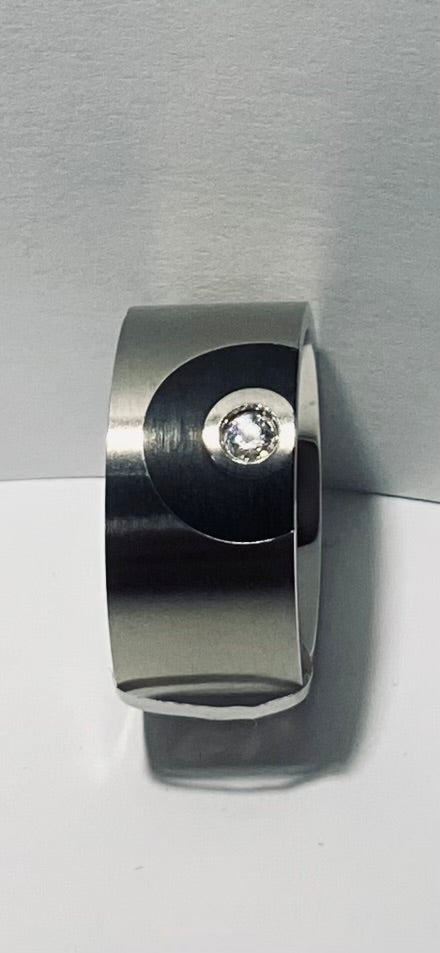 Stainless Steel 2pt Diamond Accent Wedding Band with Black Semicircle Inlay