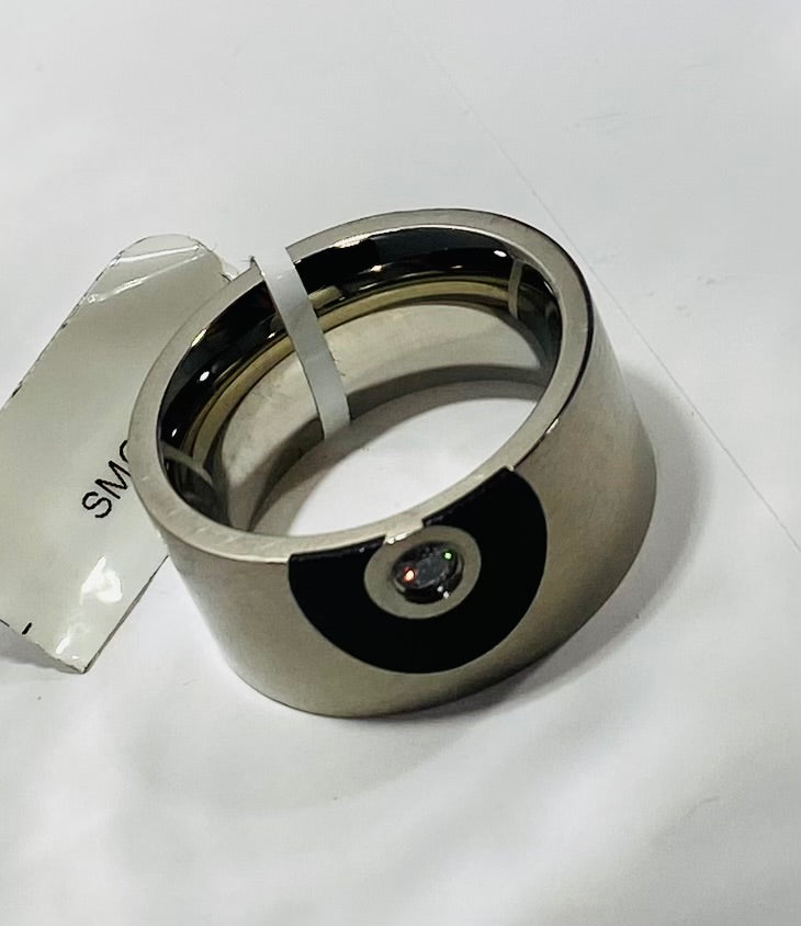 Stainless Steel 2pt Diamond Accent Wedding Band with Black Semicircle Inlay