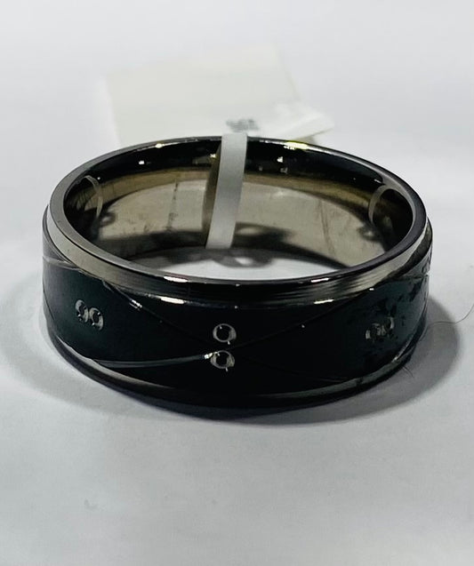 Men's Stainless Steel Black Inlay Band Ring with Geometric Silver Pattern
