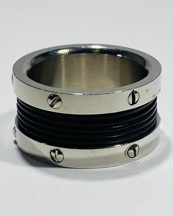 Men's Stainless Steel Industrial Screw Accent Ring with Black Ridge Line Inlay