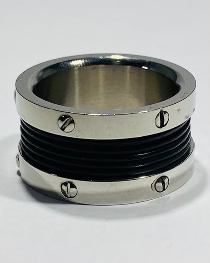 Men's Stainless Steel Industrial Screw Accent Ring with Black Ridge Line Inlay