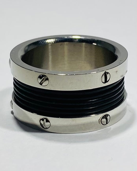 Men's Stainless Steel Industrial Screw Accent Ring with Black Ridge Line Inlay