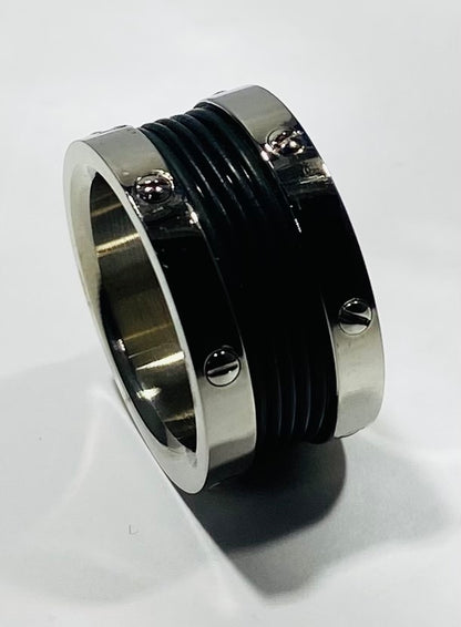 Men's Stainless Steel Industrial Screw Accent Ring with Black Ridge Line Inlay