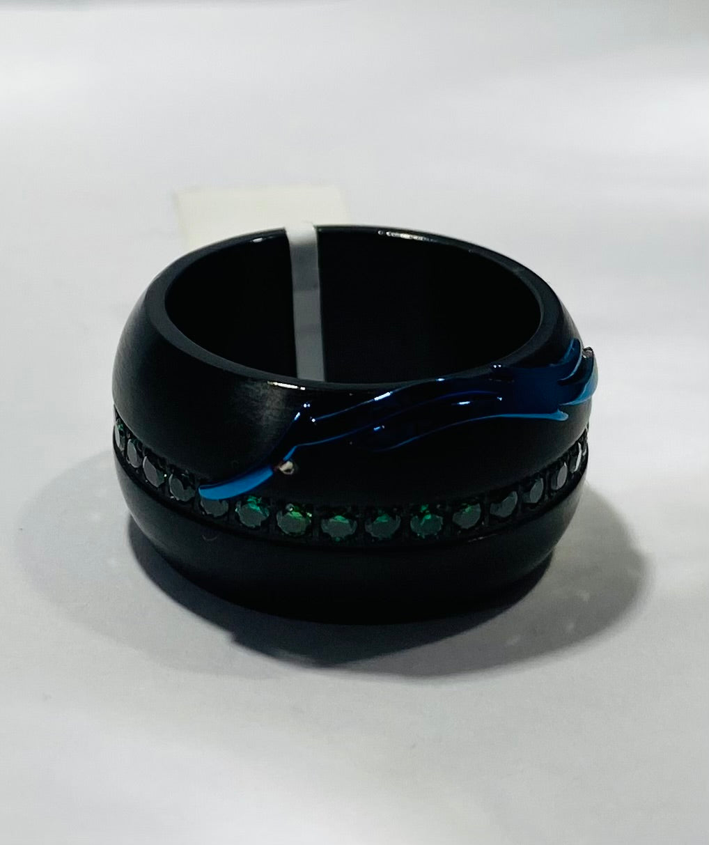 Madison Collections Men's Black Stainless Steel Ring with Green Crystals & Metallic Accent