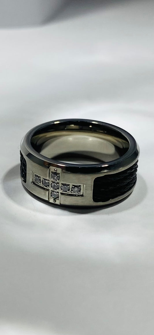 Madison Collections Stainless Steel Diamond Cross Ring with Black Cable Inlay
