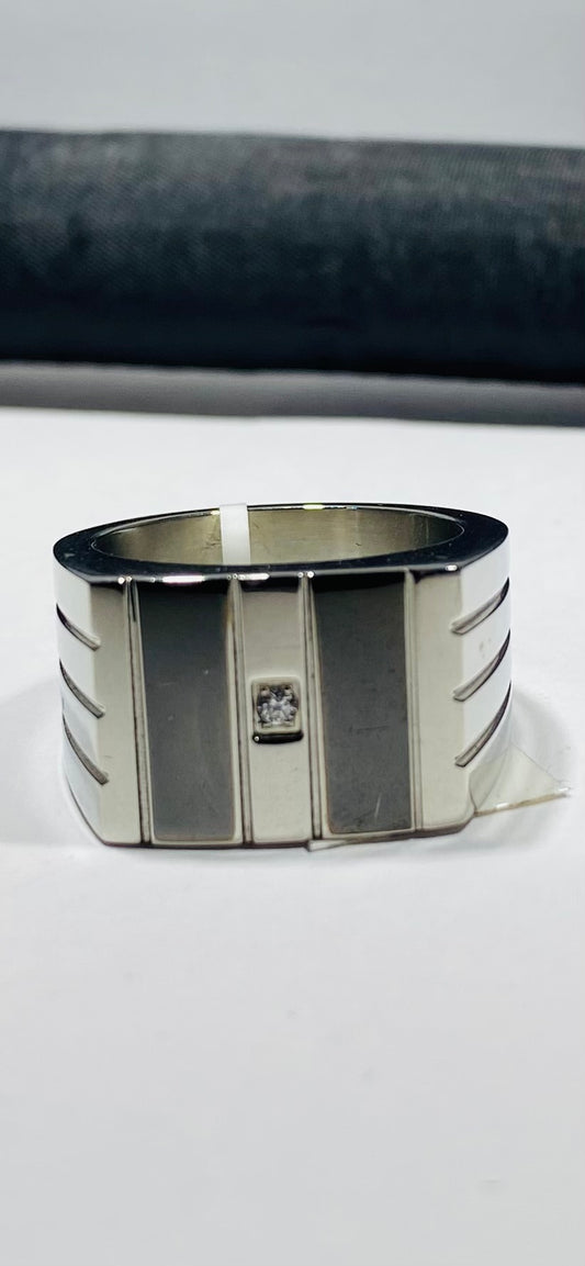 Madison Collections Men's Stainless Steel Signet Ring with 1pt Diamond & Dual Black Inlays