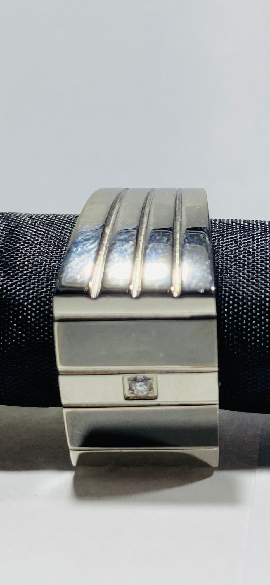 Madison Collections Men's Stainless Steel Signet Ring with 1pt Diamond & Dual Black Inlays