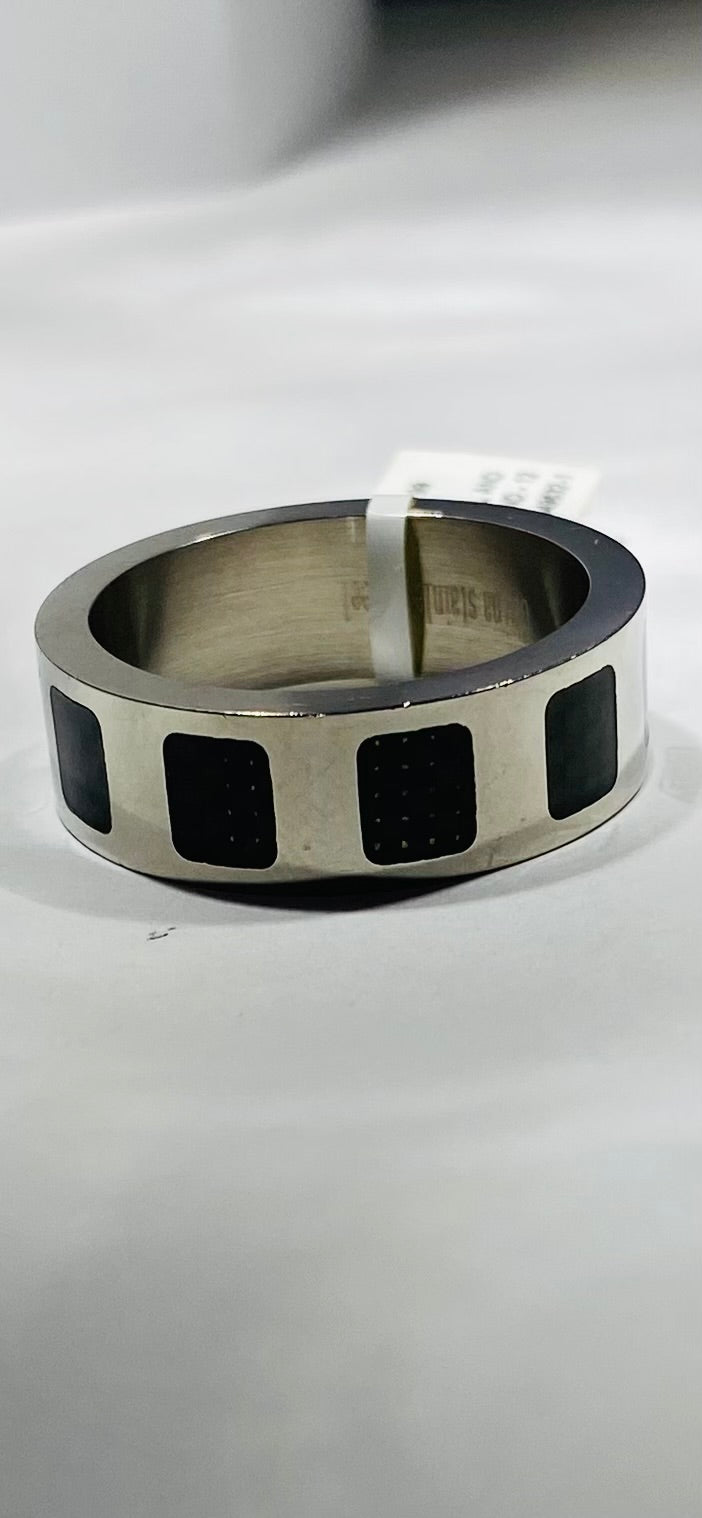 Madison Collections Stainless Steel Ring with Black Geometric Inlay Boxes