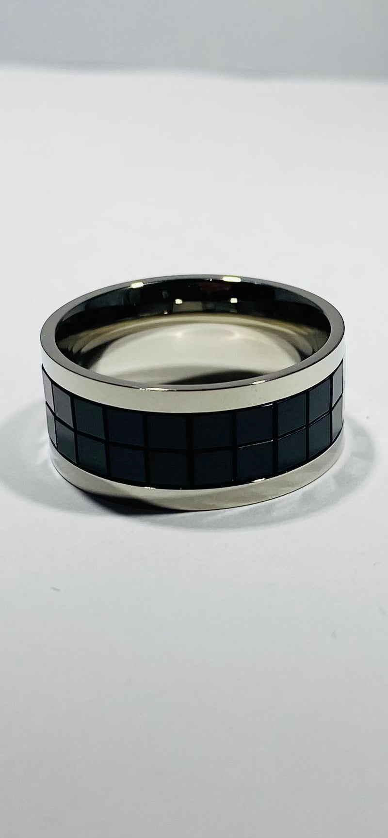 Madison Collections Men's Stainless Steel Ring with Double-Row Black Grid Channel Inlay