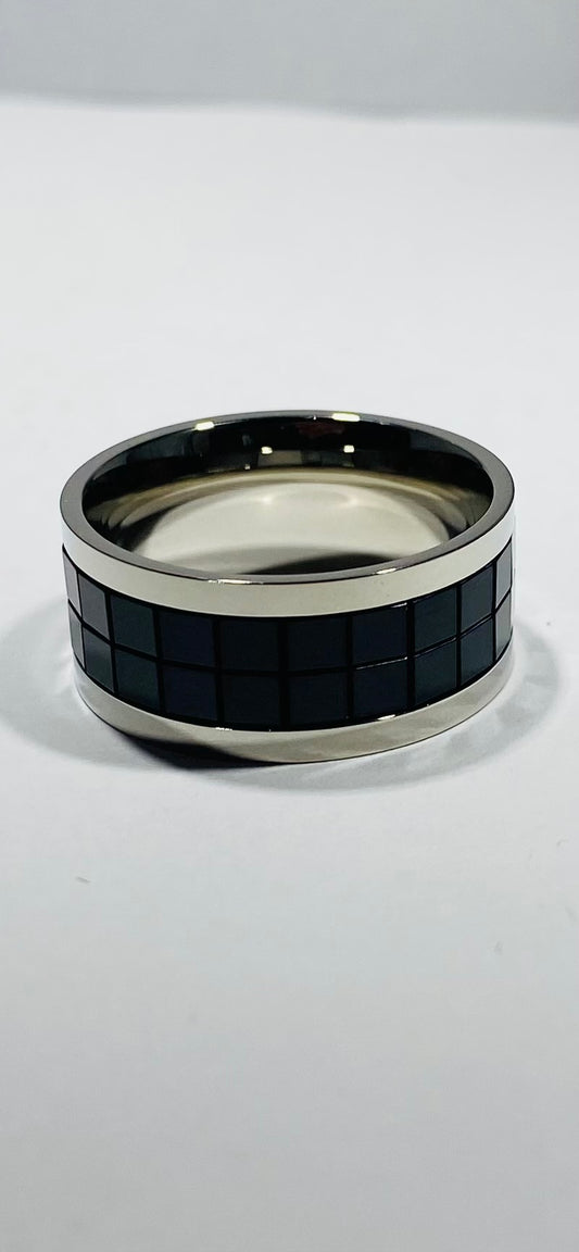 Madison Collections Men's Stainless Steel Ring with Double-Row Black Grid Channel Inlay
