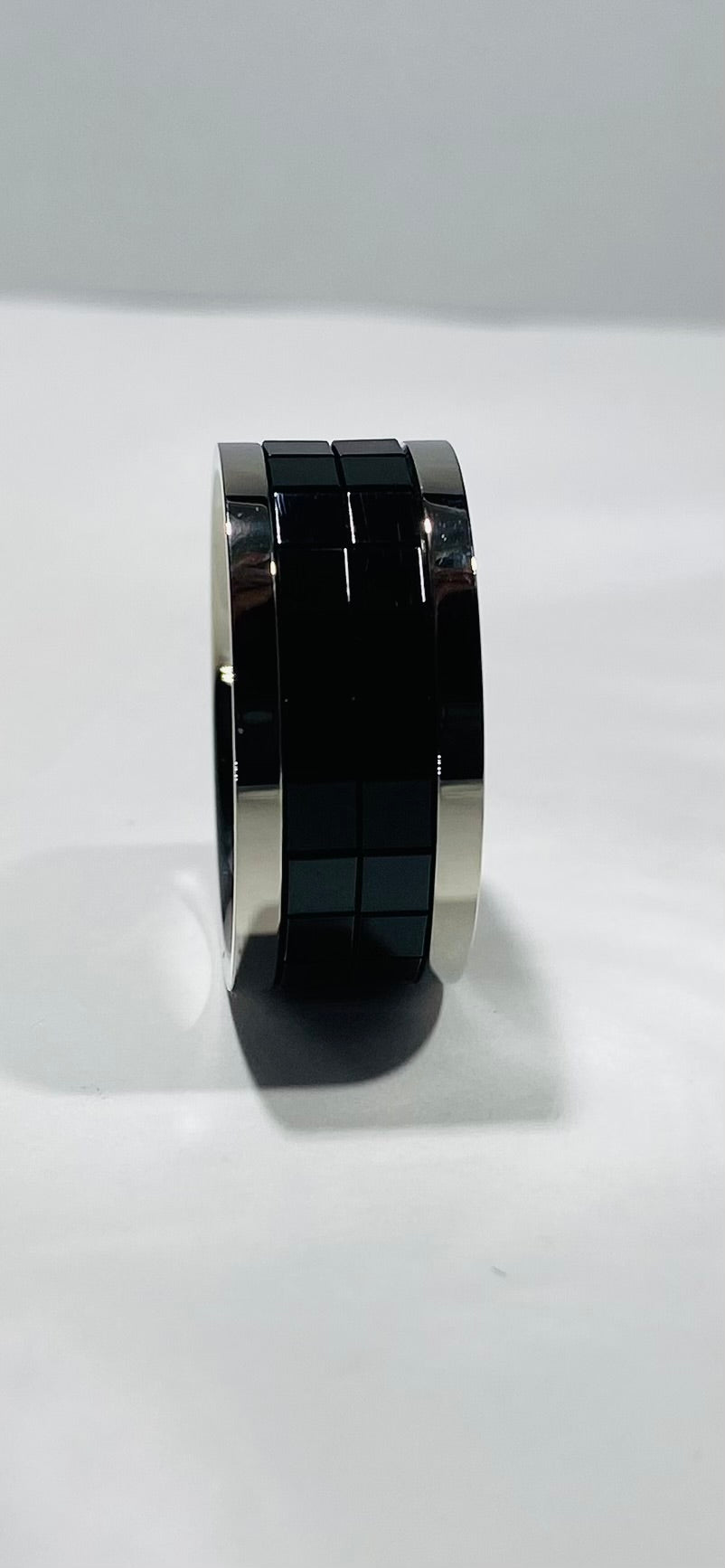 Madison Collections Men's Stainless Steel Ring with Double-Row Black Grid Channel Inlay