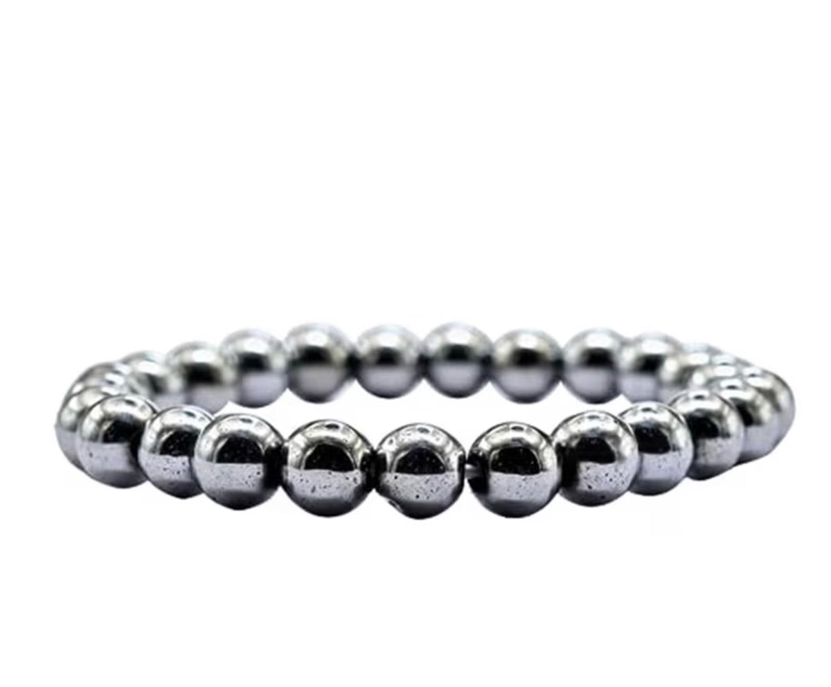 Natural Silver Hematite 8mm Smooth Round Bead Stretch Bracelet (Unisex)