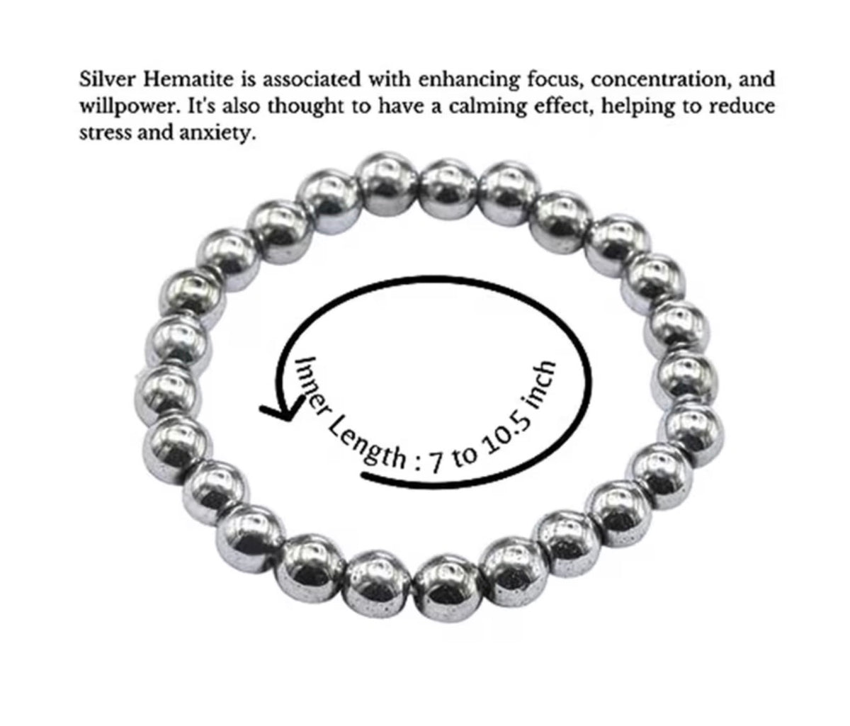 Natural Silver Hematite 8mm Smooth Round Bead Stretch Bracelet (Unisex)
