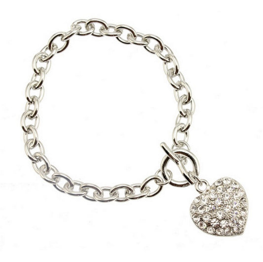 Silver-Tone Pavé Crystal Heart Charm Toggle Chain Bracelet