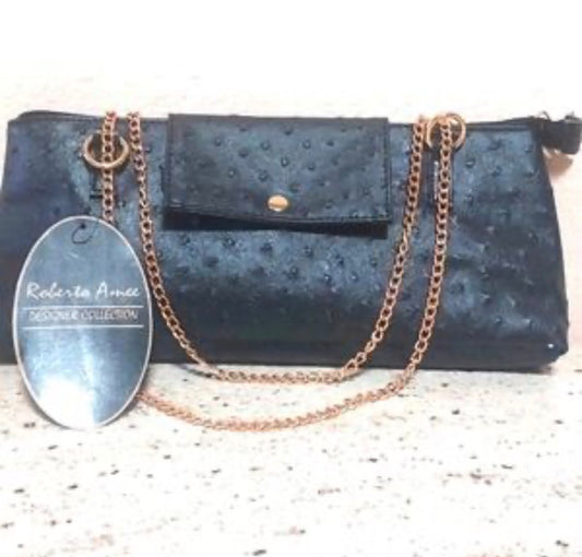 Roberta Amee Insulated Ostrich-Texture Wine & Soda Purse Crossbody Bag with Gold-Tone Chain (Black)