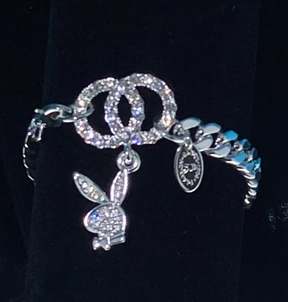 Playboy Curb Bracelet 2 Solid Crystal Circle Crystal Bunny Head Pendant