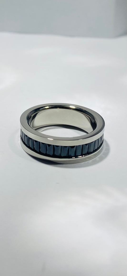 Madison Collections Stainless Steel Wedding Band Ring with Channel-Set Navy Blue Crystals