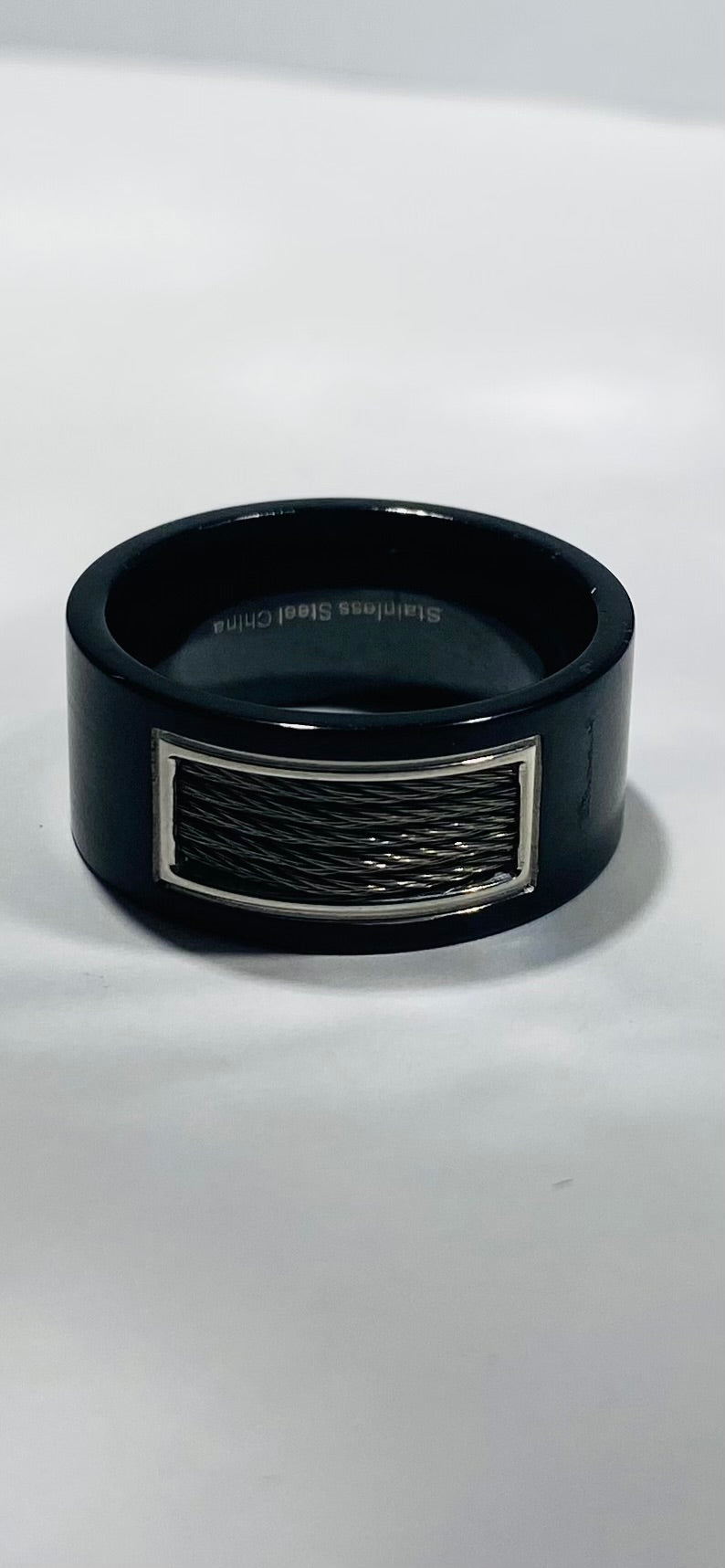 Madison Collections Men's Black Stainless Steel Ring with Mesh Cable Wire Inlay Center