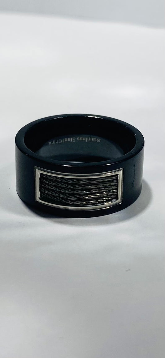 Madison Collections Men's Black Stainless Steel Ring with Mesh Cable Wire Inlay Center