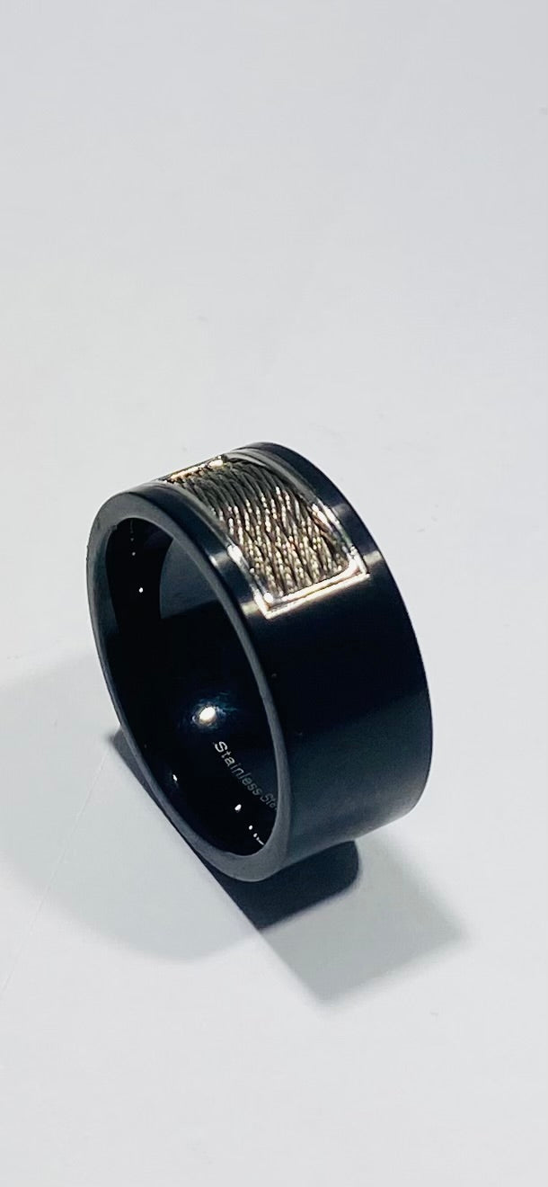 Madison Collections Men's Black Stainless Steel Ring with Mesh Cable Wire Inlay Center