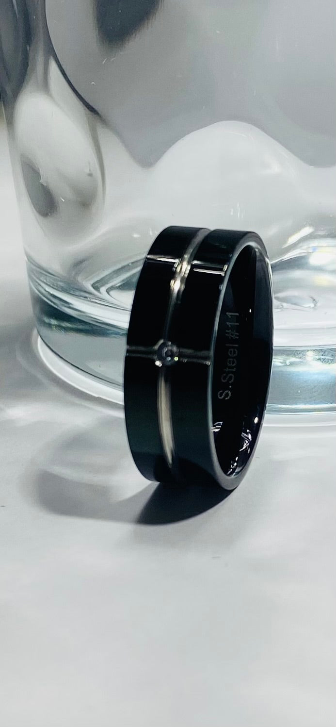Madison Collections Men's Black Stainless Steel Ring with Silver Cross Inlay & 1pt Diamond Accent