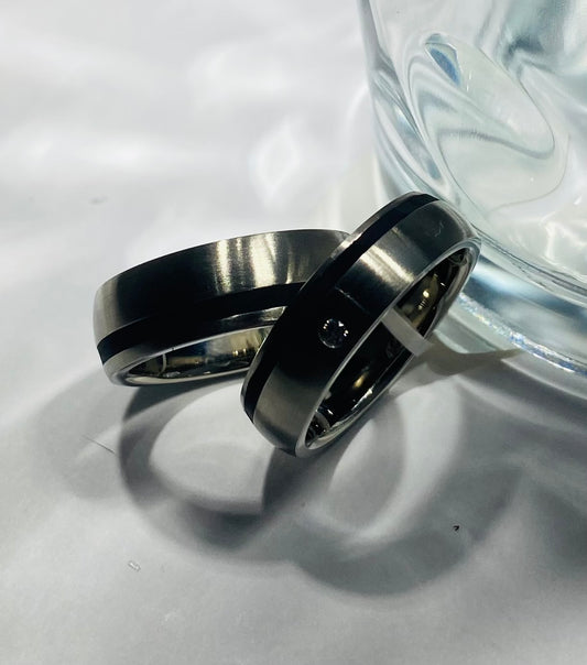 Madison Collections Stainless Steel Couple's Wedding Band Set with Satin Finish &amp; Diamond Accent