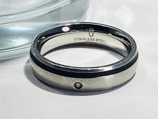 Madison Collections Men's Stainless Steel Wedding Band with Black Inlay & Single Diamond Accent