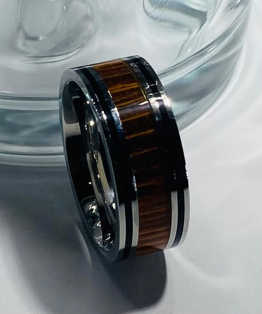 Madison Collections Stainless Steel MATCHING Wedding Band with Wood Grain Inlay, Black Accent Lines & High-Polish Borders Product Overview