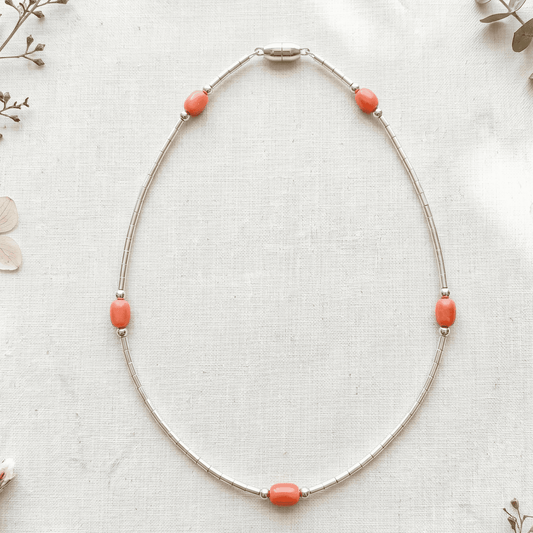 STERLING SILVER ANKLE BRACELET CORAL OVAL BEAD 10" AND SNAKE CHAIN w/SCREW IN BARREL LOCK
