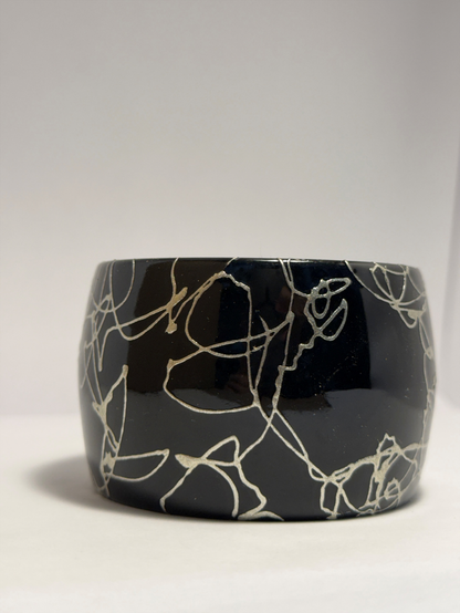 Wide Black Bangle Bracelet with Metallic Abstract Linework size 7