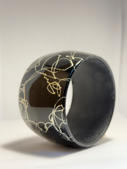Wide Black Bangle Bracelet with Metallic Abstract Linework size 7