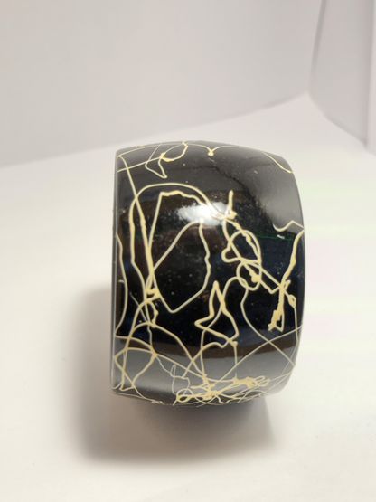 Wide Black Bangle Bracelet with Metallic Abstract Linework size 7