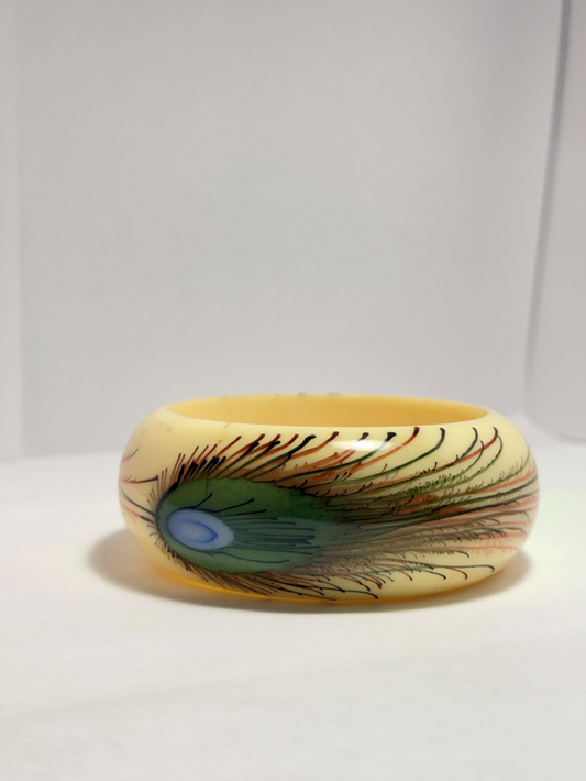 Vintage Lucite Hand-Painted Peacock Feather Bangle Bracelet