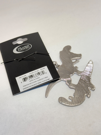 Surfing T-Rex Fashion Keychain – Enamel & Metal Key Ring / Bag Charm