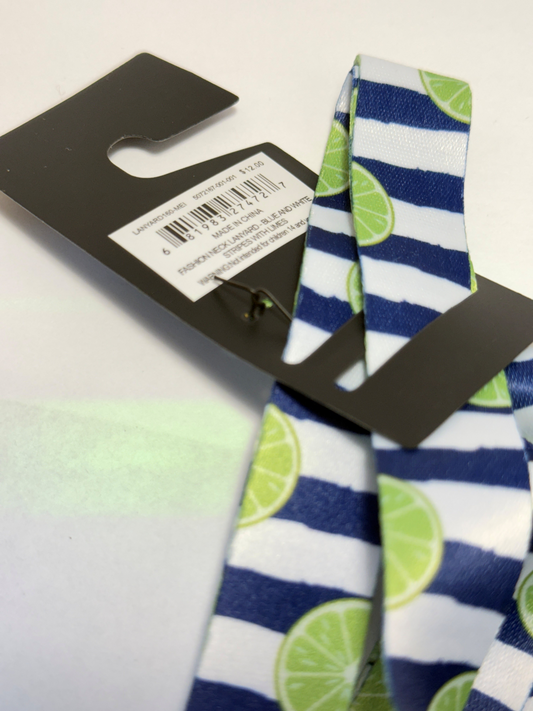 Blue & White Striped Fashion Lanyard with Citrus Lime Print – ID Badge & Key Holder