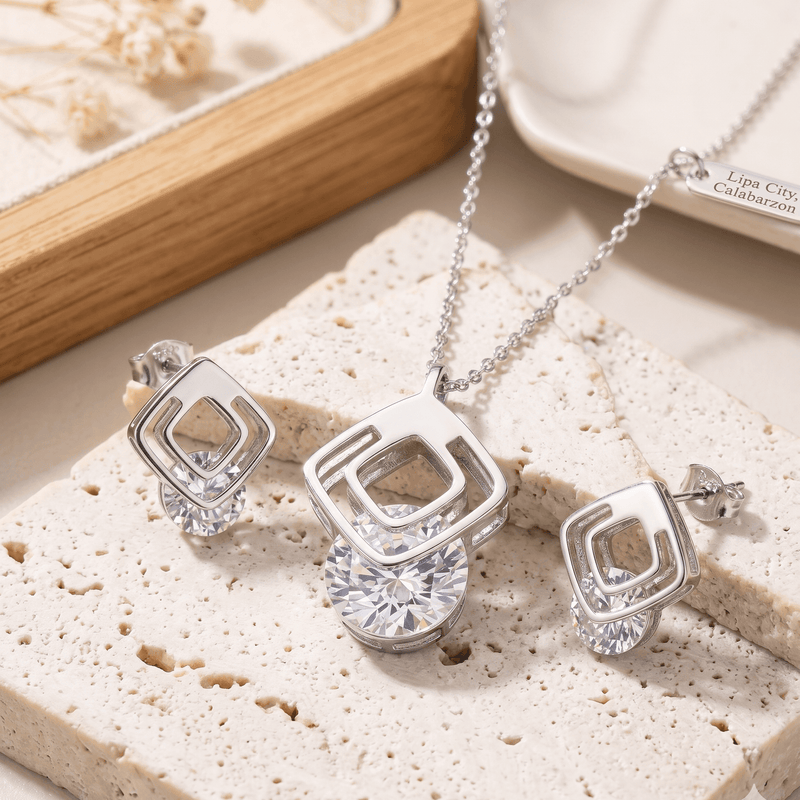 Stainless Steel Crystal Earring and Pendant Set with Chain – Durable, Tarnish Resistant Jewelry Set for Everyday Wear