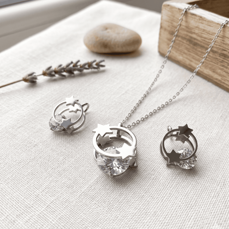 Stainless Steel Crystal Stars Earring and Pendant Set with Chain – Durable, Tarnish Resistant Jewelry Set for Everyday Wear