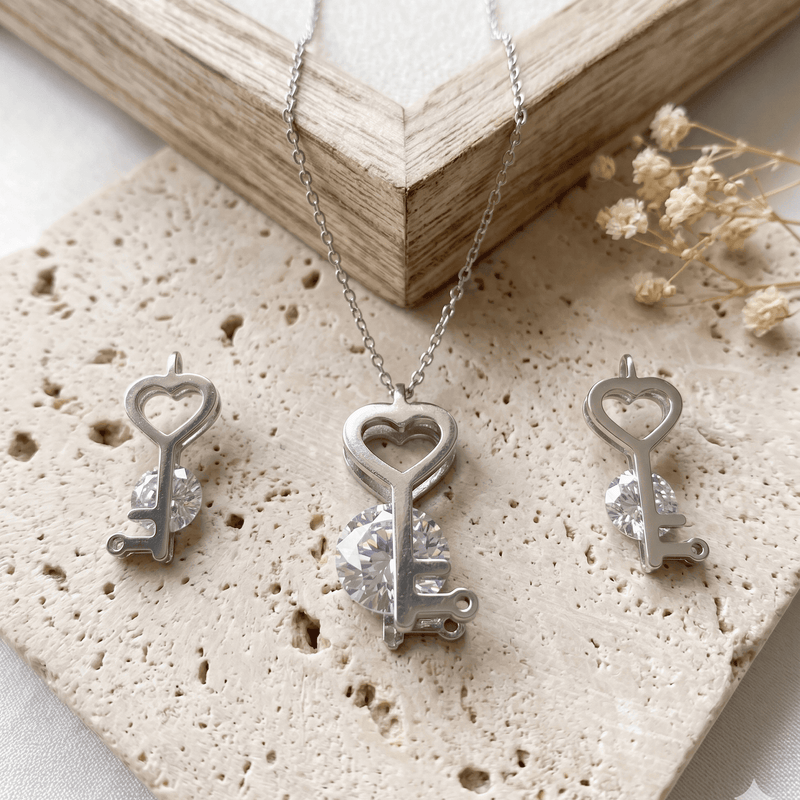 Stainless Steel Crystal Keys Earring and Pendant Set with Chain – Durable, Tarnish Resistant Jewelry Set for Everyday Wear